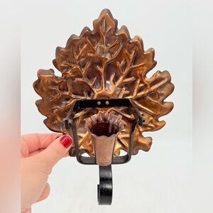 Vintage Hammered Copper & Wrought Iron Leaf Wall Swinging Candle Sconce